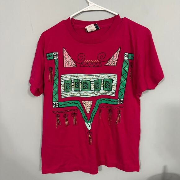 Vintage Topson Downs Geometric Aztec Inspired Bright Tee Shirt Size Medium 80s - Picture 1 of 7